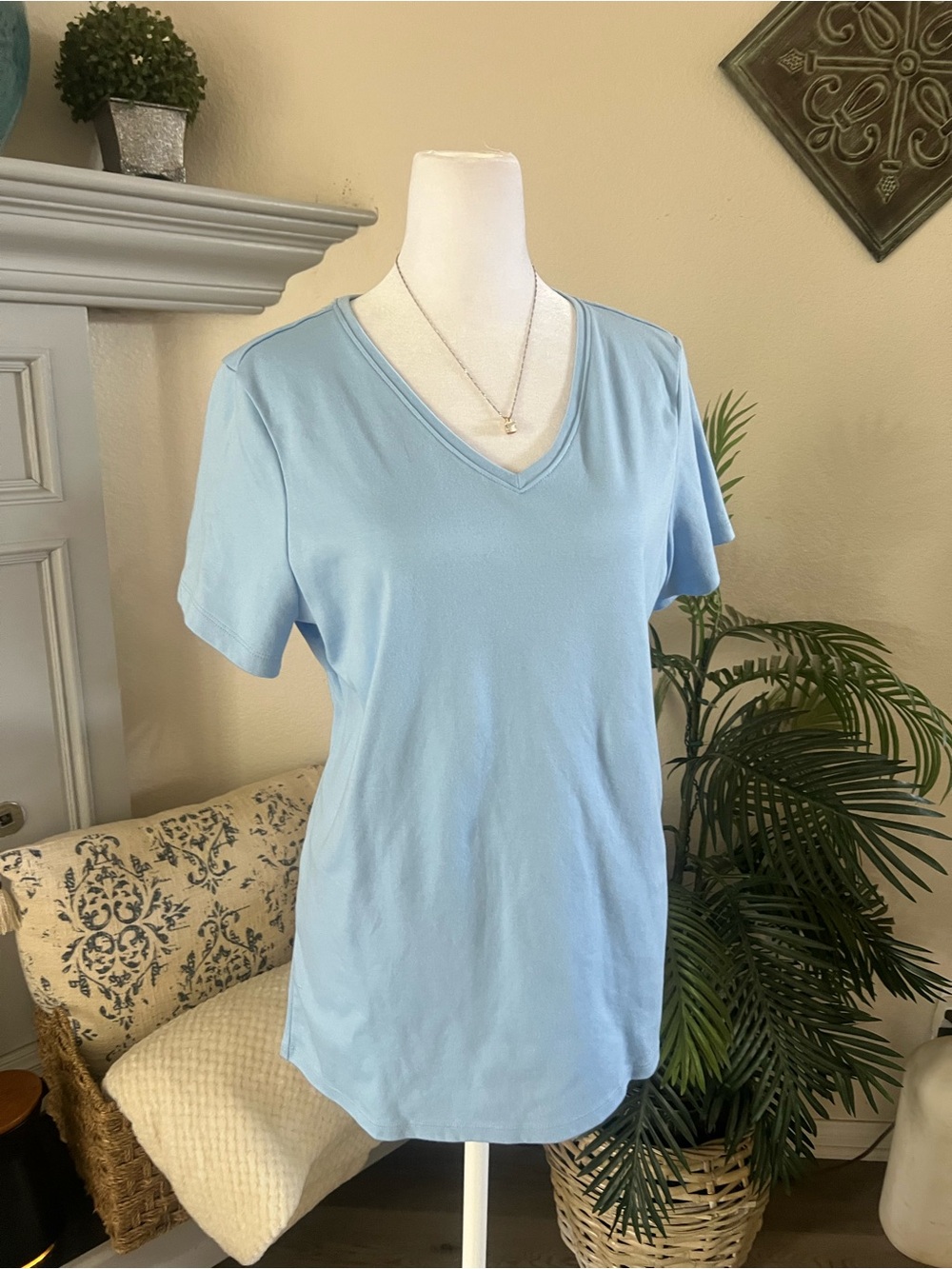 L.L. Bean 100% Supima Cotton Light Blue V-Neck Short Sleeve Tee - Picture 2 of 6